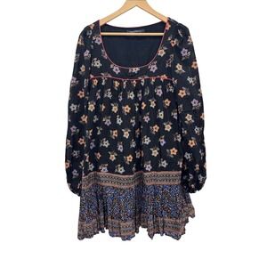 French Connection Boho Floral Mini Dress 100% Cotton Long Sleeve Size 12